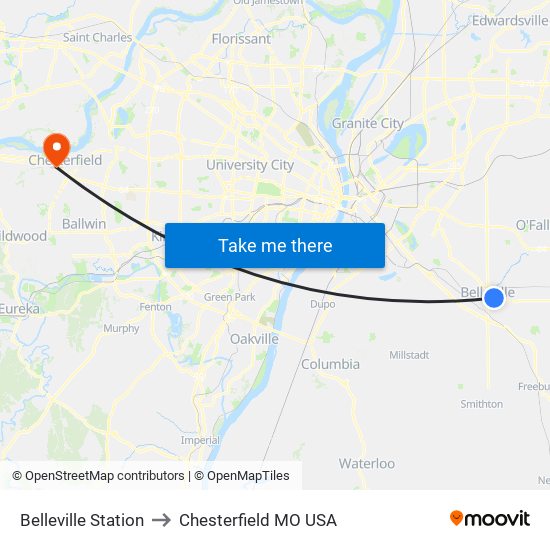 Belleville Station to Chesterfield MO USA map