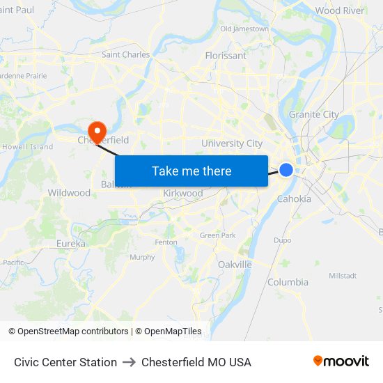 Civic Center Station to Chesterfield MO USA map