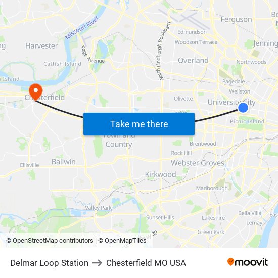 Delmar Loop Station to Chesterfield MO USA map