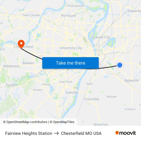 Fairview Heights Station to Chesterfield MO USA map