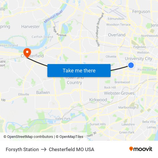 Forsyth Station to Chesterfield MO USA map