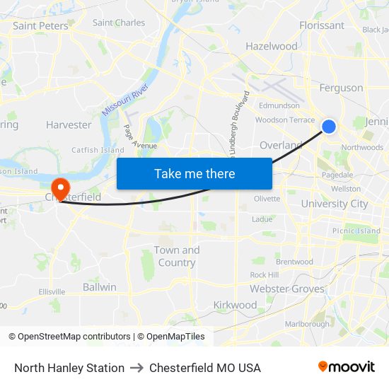 North Hanley Station to Chesterfield MO USA map