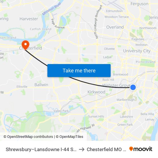 Shrewsbury–Lansdowne I-44 Station to Chesterfield MO USA map