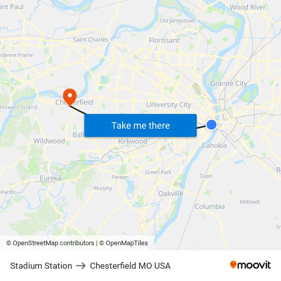 Stadium Station to Chesterfield MO USA map