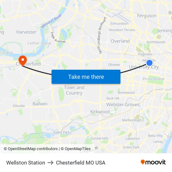 Wellston Station to Chesterfield MO USA map