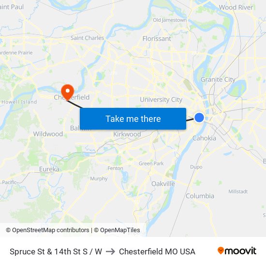 Spruce St & 14th St S / W to Chesterfield MO USA map