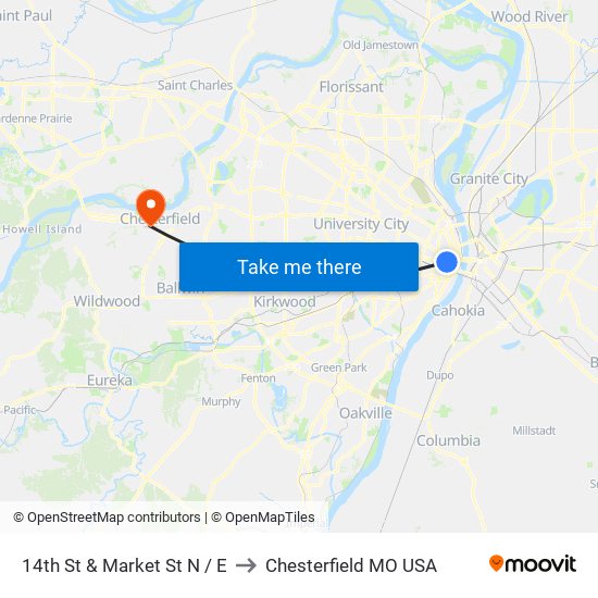 14th St & Market St N / E to Chesterfield MO USA map