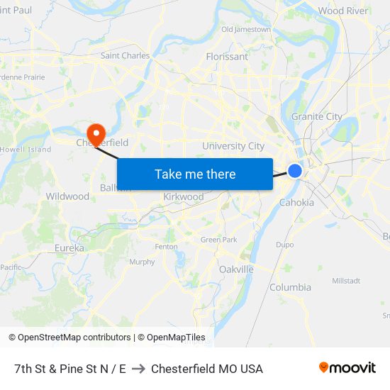 7th St & Pine St N / E to Chesterfield MO USA map