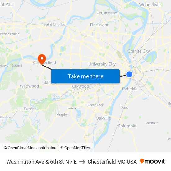 Washington Ave & 6th St N / E to Chesterfield MO USA map