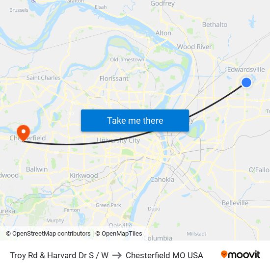 Troy Rd & Harvard Dr S / W to Chesterfield MO USA map