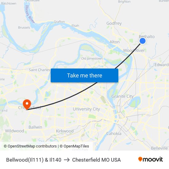 Bellwood(Il111) & Il140 to Chesterfield MO USA map