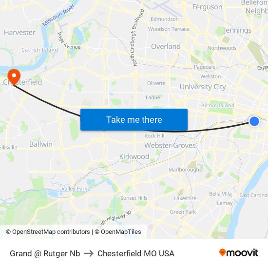 Grand @ Rutger Nb to Chesterfield MO USA map