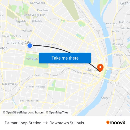 Delmar Loop Station to Downtown St Louis map