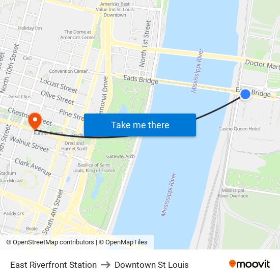 East Riverfront Station to Downtown St Louis map