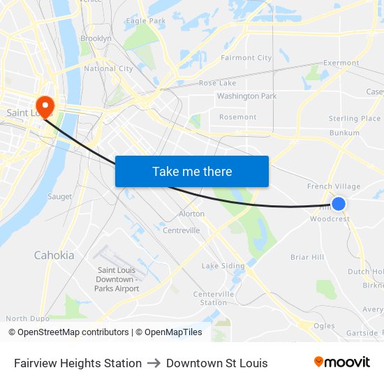 Fairview Heights Station to Downtown St Louis map