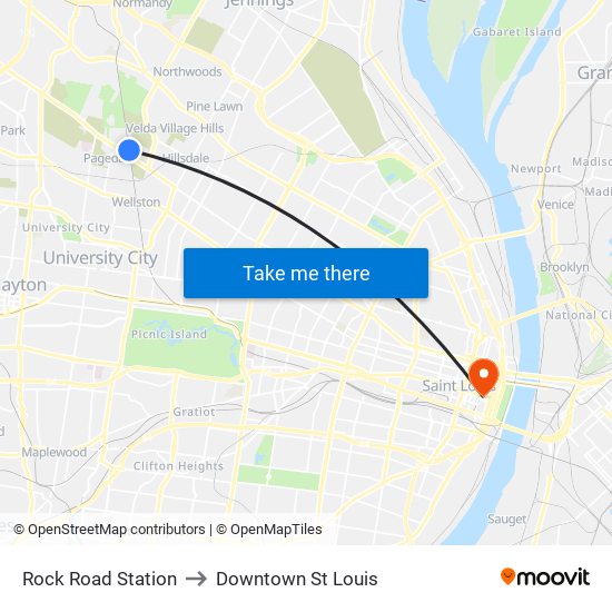 Rock Road Station to Downtown St Louis map