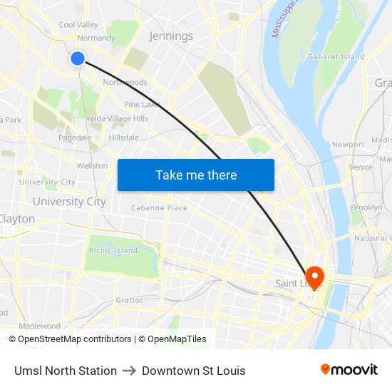 Umsl North Station to Downtown St Louis map