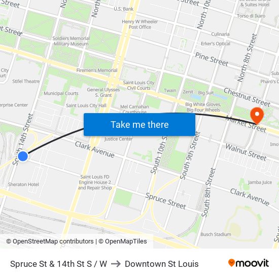 Spruce St & 14th St S / W to Downtown St Louis map