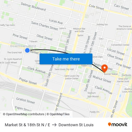 Market St & 18th St N / E to Downtown St Louis map