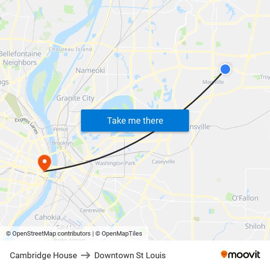 Cambridge House to Downtown St Louis map