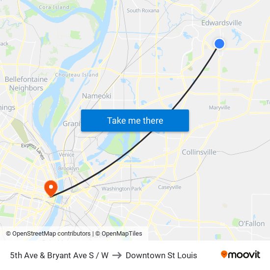 5th Ave & Bryant Ave S / W to Downtown St Louis map