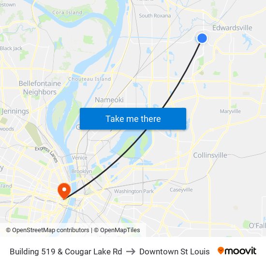 Building 519 & Cougar Lake Rd to Downtown St Louis map