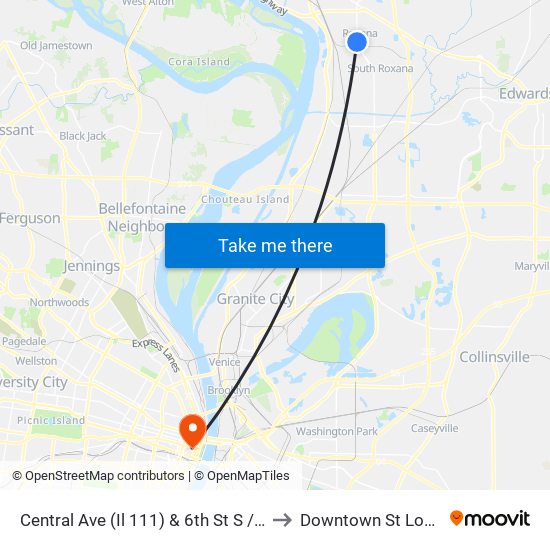 Central Ave (Il 111) & 6th St S / W to Downtown St Louis map