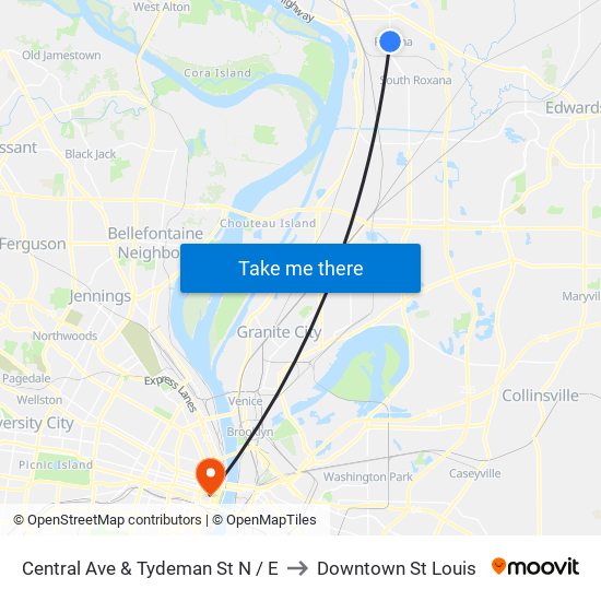 Central Ave & Tydeman St N / E to Downtown St Louis map