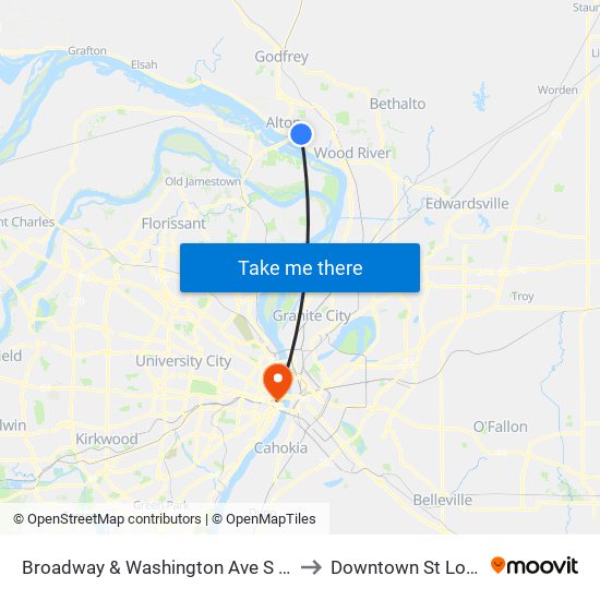 Broadway & Washington Ave S / W to Downtown St Louis map