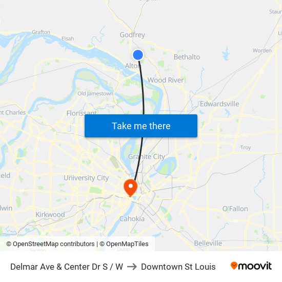 Delmar Ave & Center Dr S / W to Downtown St Louis map