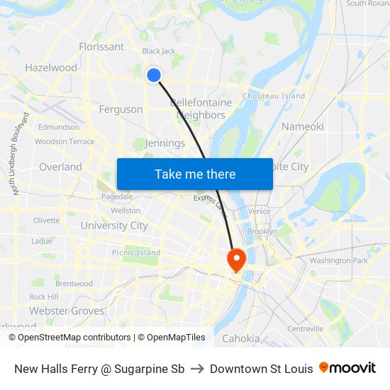 New Halls Ferry @ Sugarpine Sb to Downtown St Louis map