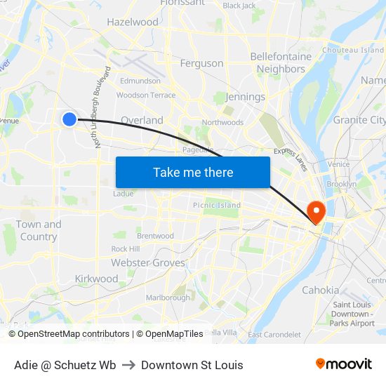 Adie @ Schuetz Wb to Downtown St Louis map