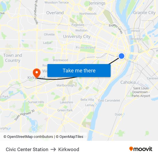 Civic Center Station to Kirkwood map