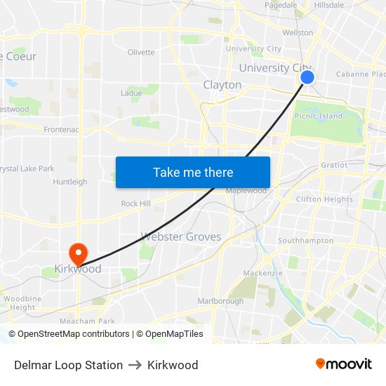 Delmar Loop Station to Kirkwood map