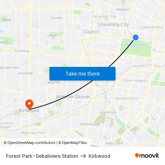 Forest Park–Debaliviere Station to Kirkwood map