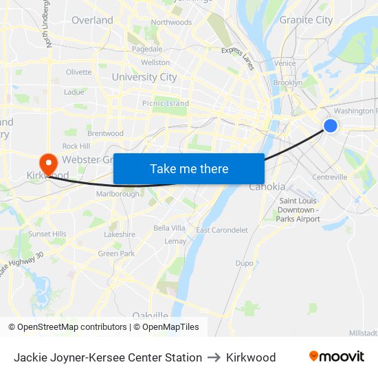 Jackie Joyner-Kersee Center Station to Kirkwood map