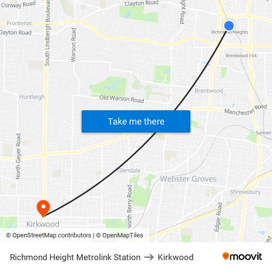 Richmond Height Metrolink Station to Kirkwood map