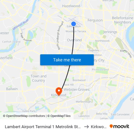 Lambert Airport Terminal 1 Metrolink Station to Kirkwood map