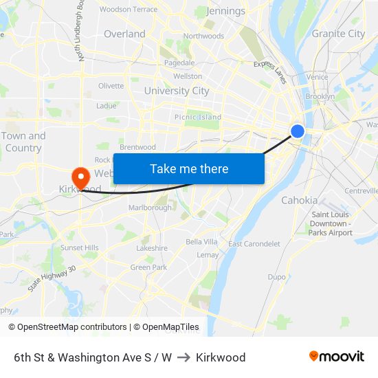 6th St & Washington Ave S / W to Kirkwood map