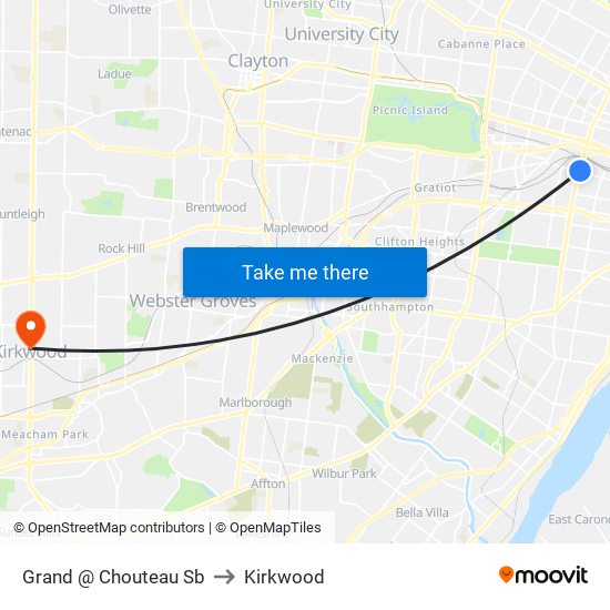 Grand @ Chouteau Sb to Kirkwood map