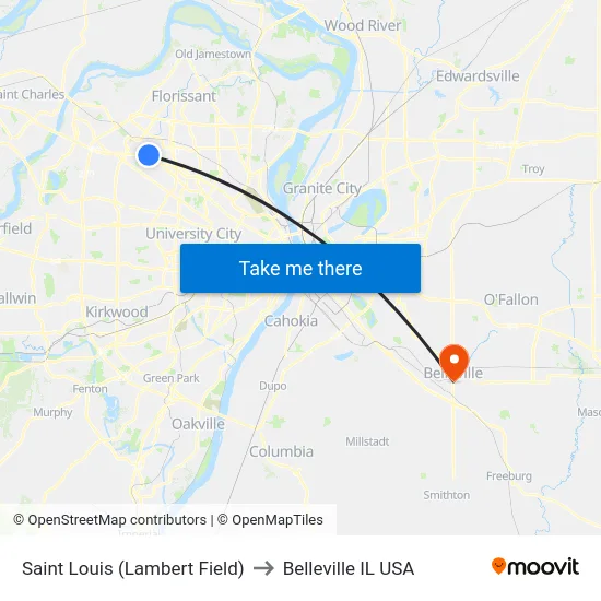 Saint Louis (Lambert Field) to Belleville IL USA map