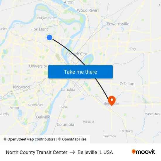 North County Transit Center to Belleville IL USA map