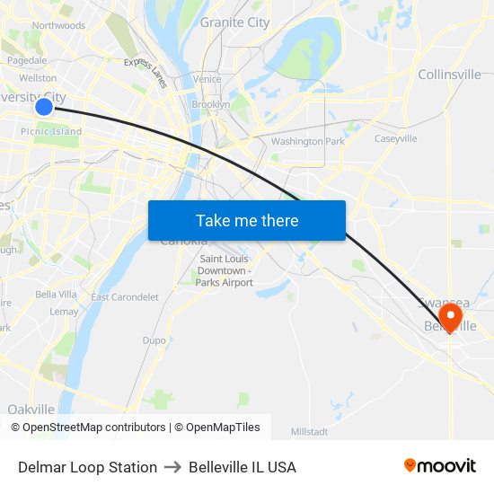 Delmar Loop Station to Belleville IL USA map