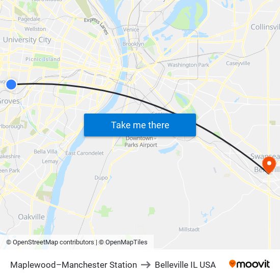 Maplewood–Manchester Station to Belleville IL USA map