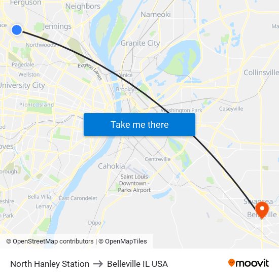 North Hanley Station to Belleville IL USA map