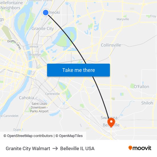 Granite City Walmart to Belleville IL USA map