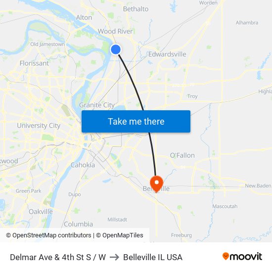 Delmar Ave & 4th St S / W to Belleville IL USA map