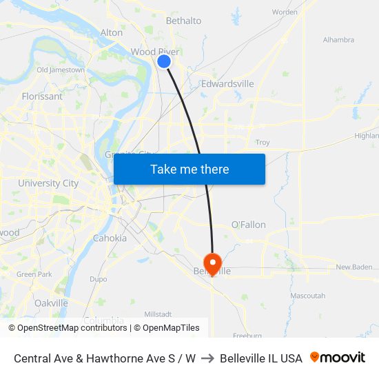 Central Ave & Hawthorne Ave S / W to Belleville IL USA map