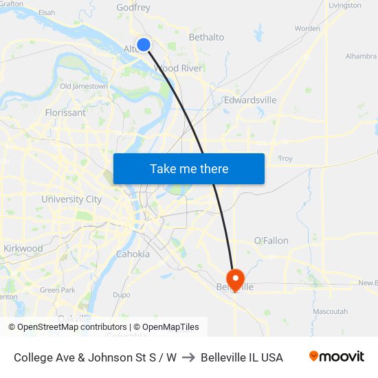 College Ave & Johnson St S / W to Belleville IL USA map