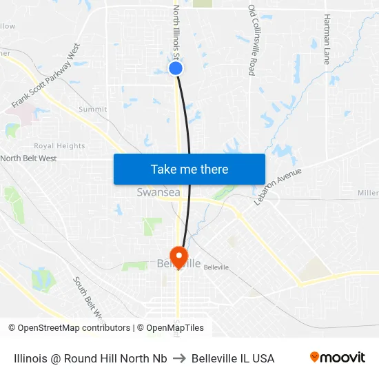 Illinois @ Round Hill North Nb to Belleville IL USA map